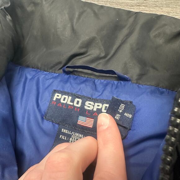 Vintage 90s Polo Sport Ralph Lauren Black Blue Mens XL Zip Up Down Puffer Jacket - Picture 12 of 13